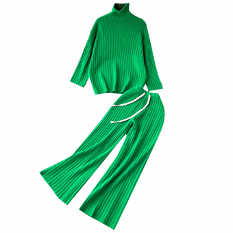 Комплект трикотаж рубчик свитер ворот стойка + широкие штаны белые шнурки