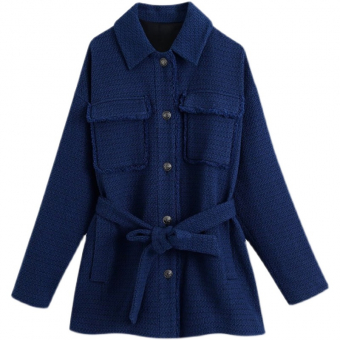 Куртка рубашка твид + пояс насыщенный темно-синий цвет