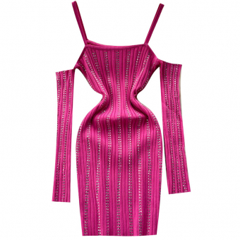 Платье трикотаж полосы из страз длинный рукав открытые плечи на тонких лямках