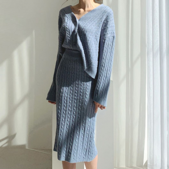 Костюм трикотаж однотон кардиган + юбка миди вязка косами
