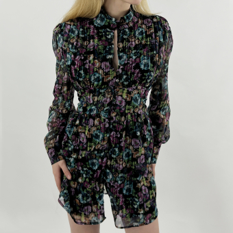 Платье мини юбка клеш цветочный шифон полосами вырез на груди пуговицы