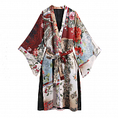 Халат кимоно свободный рукав разрезы по бокам + пояс принт цветы разные узоры