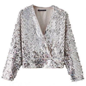 Топ длинный серебряные пайетки рукав V - вырез