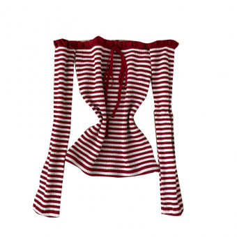 Топ трикотаж длинный рукав открытые плечи полосы рюши