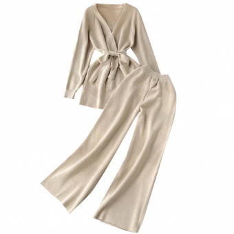 Комплект трикотаж кардиган 2 кармана пояс + широкие штаны