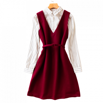 Комплект бордовый сарафан шерсть + полосатая рубашка