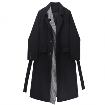 Тренч черный oversize клетчатая вставка вдоль 2 пуговицы пояс