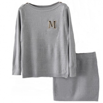 Комлект трикотаж джемпер буква М пуговицы + юбка мини