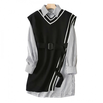 Комплект платье рубашка тонкая вертикальная полоска + трикотажный асиммеричный жилет