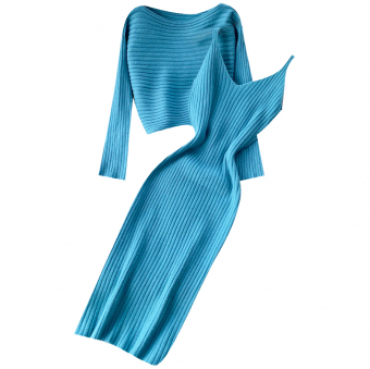 Комплект трикотаж джемпер горизонтальный рубчик + платье на лямках