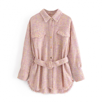 Комплект твид рубашка-жакет с бахромой и поясом + юбка мини