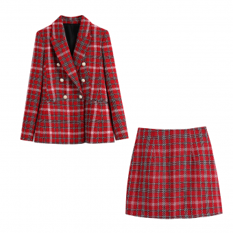 Костюм красный в клетку пиджак приталенный + юбка мини