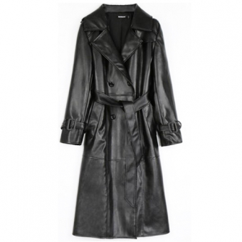 Тренч эко кожа двубортный 4 пуговицы на рукавах ремешок черная пряжка + пояс