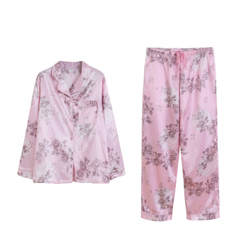 Пижама атлас нежно-розовая рубашка + брюки принт цветы