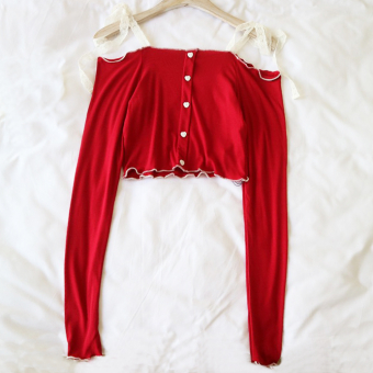 Топ красный белая окантовка длинный рукав открытые плечи 5 пуговиц