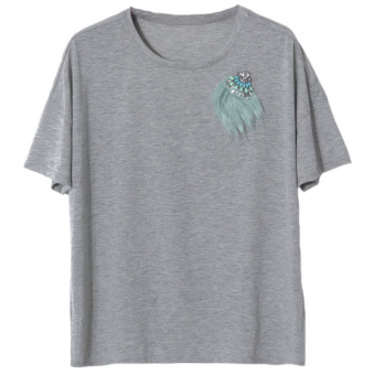 Футболка серый меланж oversize + брошь стразы мех