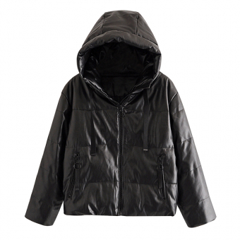 Куртка дутая эко-кожа капюшон молнии с кольцом и широкой лентой