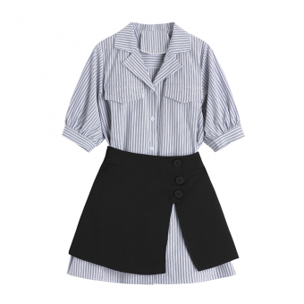 Комплект платье мини в мелкую полосу + юбка мини разрез по ноге