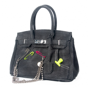Сумка выстиранный деним две ручки неоновые булавки + цепочка и зажим