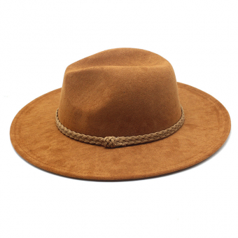 Шляпа федора замшевая широкие поля 8 см коричневый ремень косичка