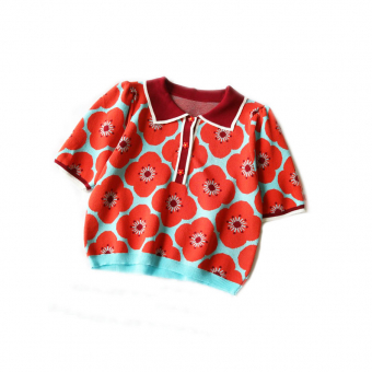 Топ трикотаж воротник поло узор пуговицы цветы