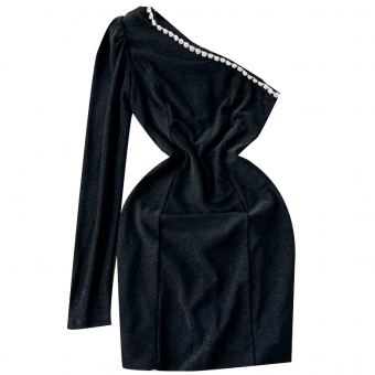 Платье мини стрейч открытое плечо стразы цветы + длинный рукав 2 шва по длине