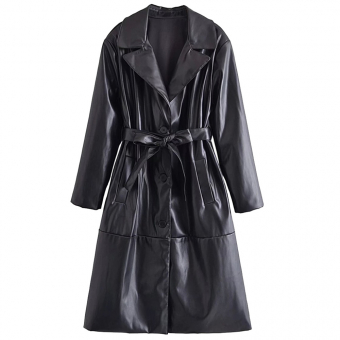 Тренч эко кожа однотон на пуговицах карманы снизу шов + пояс