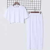 Картинка Комплект белый хлопок широкая футболка + юбка миди с карманами от магазина LonnaMag