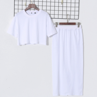 Комплект белый хлопок широкая футболка + юбка миди с карманами