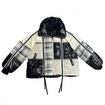 Куртка пуховик ворот стойка  вставки твид квадраты черный/молочный