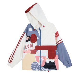 Ветровка с капюшоном принт люди цветы красные полосы