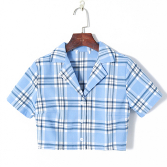 Топ рубашка клетка короткий рукав отложной воротник
