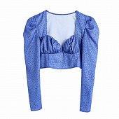 Картинка Топ синий объемные плечи длинный рукав принт горох от магазина LonnaMag