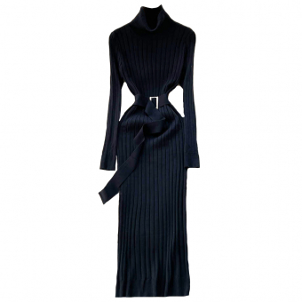 Платье трикотаж водолазка рубчик + длинный трикотажный ремень