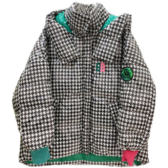 Пуховик воротник стойка + капюшон принт гусиная лапка с яркими акцентами