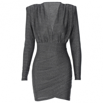 Платье блестящее мини глубокий v вырез длинный рукав с подплечниками