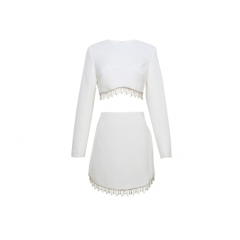 Комплект белый топ + мини юбка бахрома из страз по низу