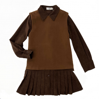 Комплект вельветовое платье рубашка складки + теплая широкая жилетка