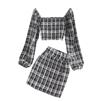 Комплект твид клетка топ длиный рукав + юбка мини