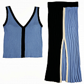 Картинка Комплект трикотаж голобой темно-синий колорблок майка + юбка миди от магазина LonnaMag