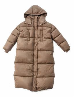 Пуховик глянцевый макси капюшон 2 кнопки карманы на груди