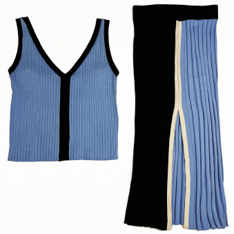 Комплект трикотаж голобой темно-синий колорблок майка + юбка миди