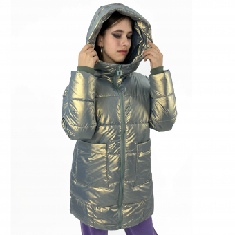 Пуховик средней длины глянцевый металик квадрат-собачка