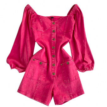 Ромпер джинсовый объемный рукав на резинке акцент на груди