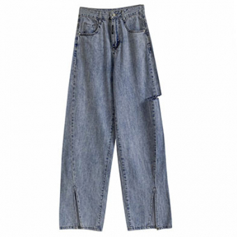 Джинсы шов по середине с разрезами + сбоку разрез на брючине