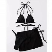 Картинка Купальник полностью черный с завязками лиф + трусики бикини + юбка сетка мини от магазина LonnaMag