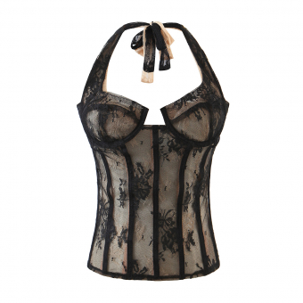 Топ корскет на косточках черное кружево цветы