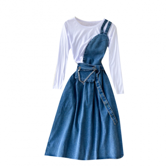 Комплект джинсовый сарафан ассиметрия + белый лонгслив + сумка