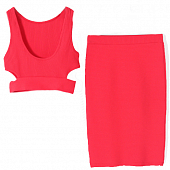 Картинка Комплект красный стрейч топ с вырезами + юбка миди карандаш от магазина LonnaMag