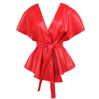 Жилет эко кожа одна пуговица V-вырез снизу асимметричная баска